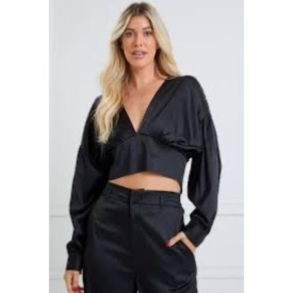 Shades Of Rose Shirt Women XS Black Long Sleeve Satin Silky Crop Top Plunge Neck